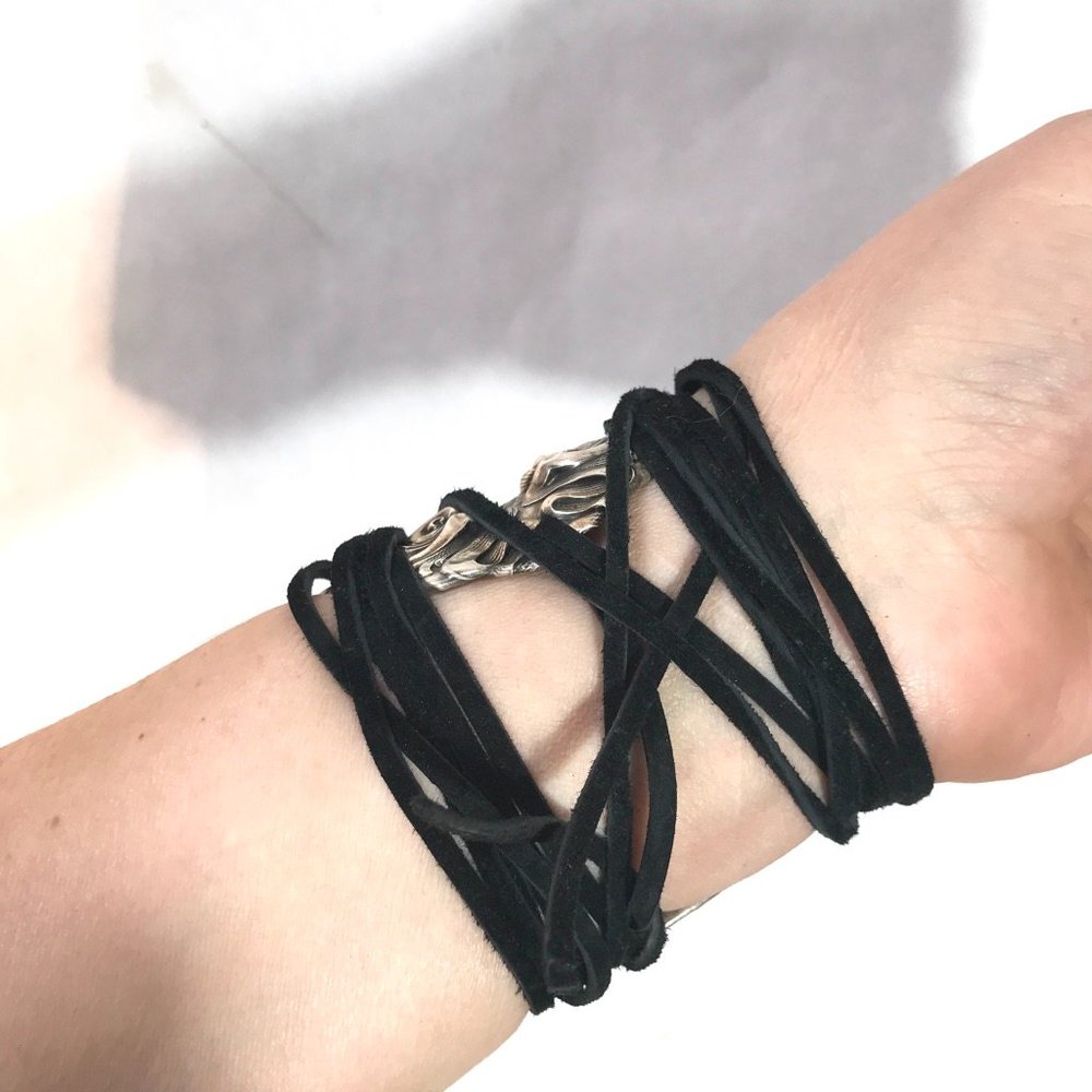 Antique Sterling Silver 925 Cuff Tie Wrap Bracelet Victorian Cherub Putti Biker - Picture 9 of 13